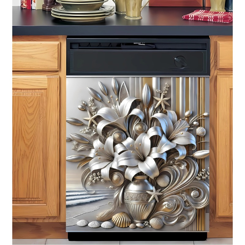 

Grey Metallic Silver Floral Magnetic Dishwasher Cover, Polished Design, 58.5x65 Inch, Non-electric, No Battery, Featherless, Spring Panel Decal Sticker