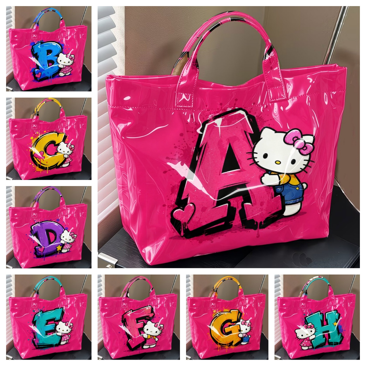 Vibrant Graffiti Style Tote Bag, Bright Pink Glossy Shoulder Bag with Hello Kitty and Bold Initial Letter Print, Playful Street Art Inspired Top Handle Bag, Colorful Alphabet Accent Casual Handbag, Cute Cartoon Character Motif Everyday Carryall Tote