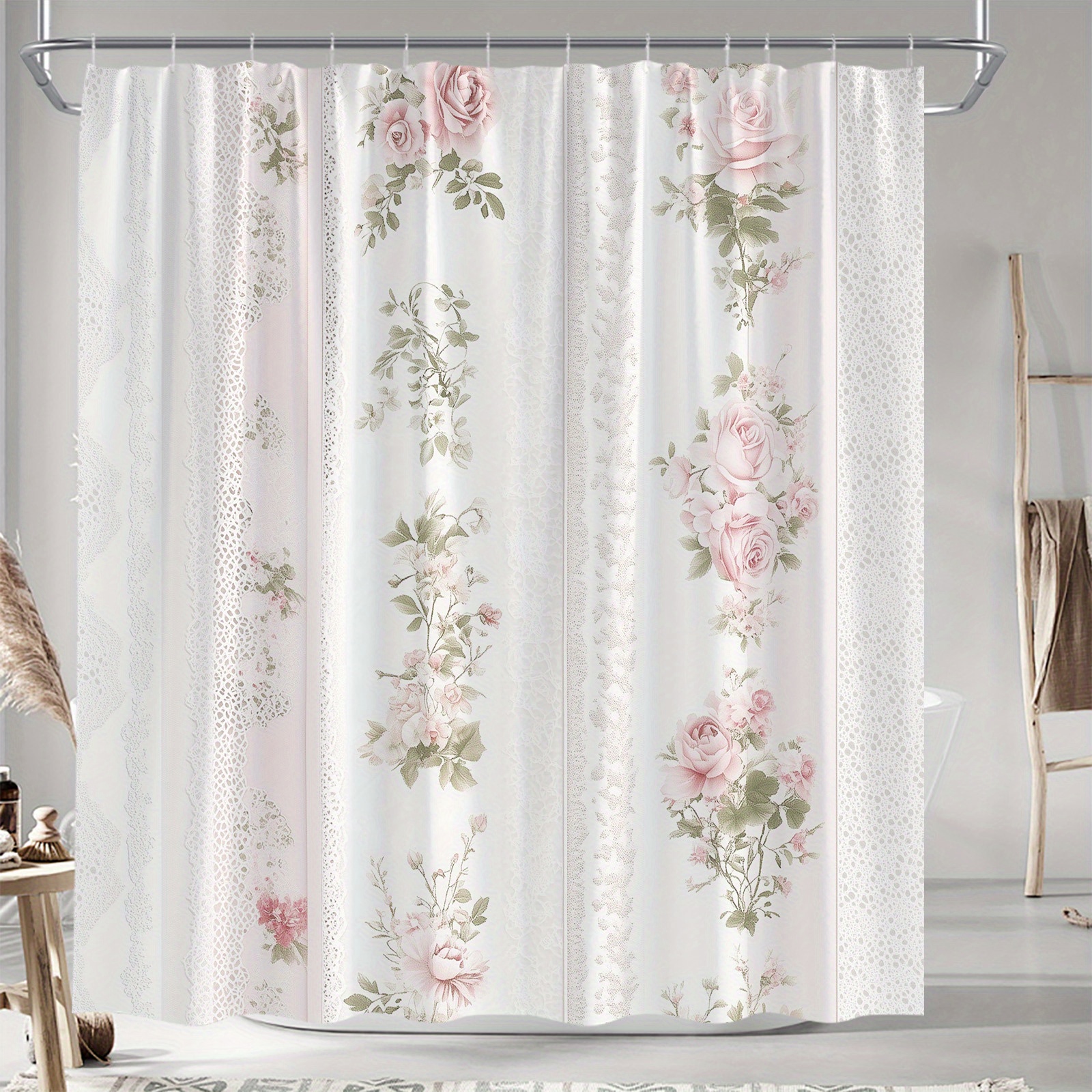 TEMU 1 rideau de douche avec motif de papier peint floral en dentelle roses roses vintage, esthétique douce et , 12 crochets, 70.8X70.8 pouces