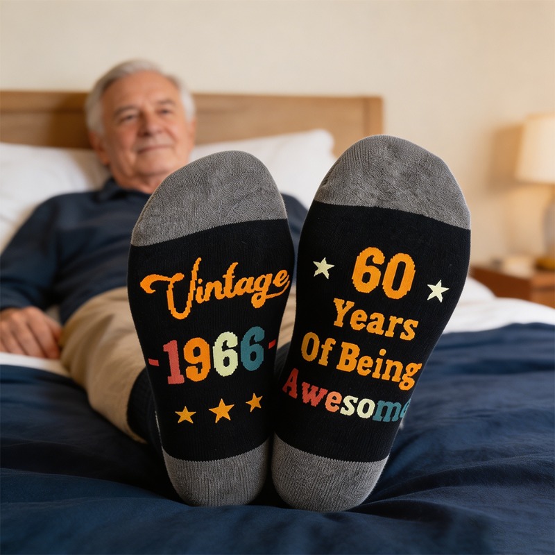 TEMU 1 Pair 1966 Retro 60th Anniversary Socks Fun "still Great At 60" Printed Socks Men's Socks Comfortable Mid-calf Socks Gift For Dad 60th Birthday