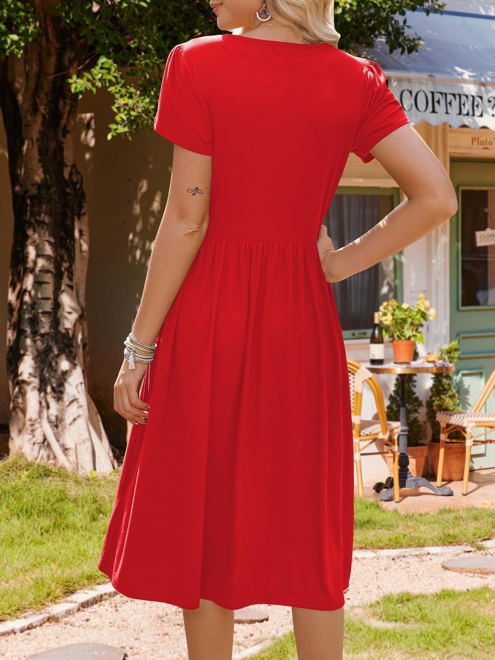 Women'S Casual Dress with Pockets - Short Sleeve, Round Neck, Knee-Length,  Solid Color, Lightweight & Breathable for Spring/Summer/Fall, Casual Summer