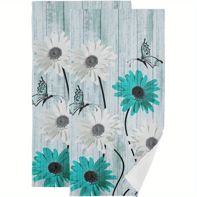 

2 Set 18*26 Inch Towels Teal Flowers Hand Towels Floral Bath Towels White Daisy Fingertip Towel Vintage Wash Cloths Soft Absorbent Retro Country Wooden Kitchen Decor Washcloths