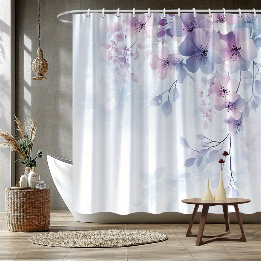 TEMU 1pc Rideau de Douche Floral Pastel - Fleurs Délicates Rose Lavande Violet avec Fond & Lumineux Doux, Design Éthéré , Tissu Polyester Durable,