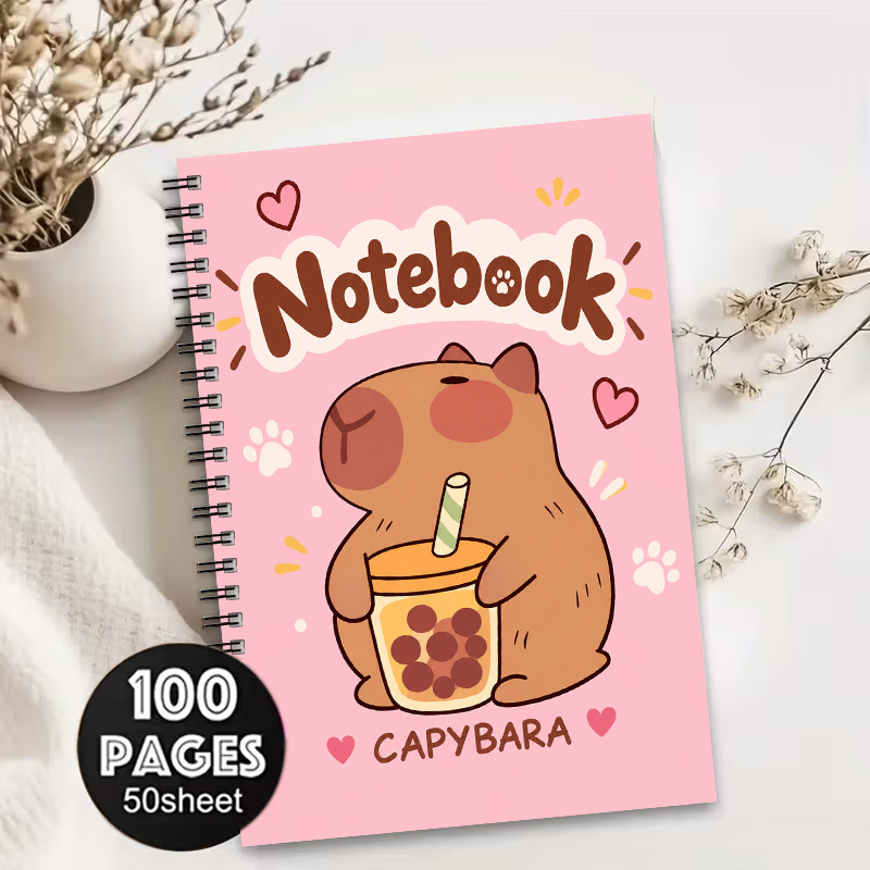 TEMU 1pc Pink Cute Capybara Milk Tea 2d Flat Printed Pattern A5 Spiral Coil Notebook, Cover With Colorful Hd Printing, Inner Pages With Premium , 50