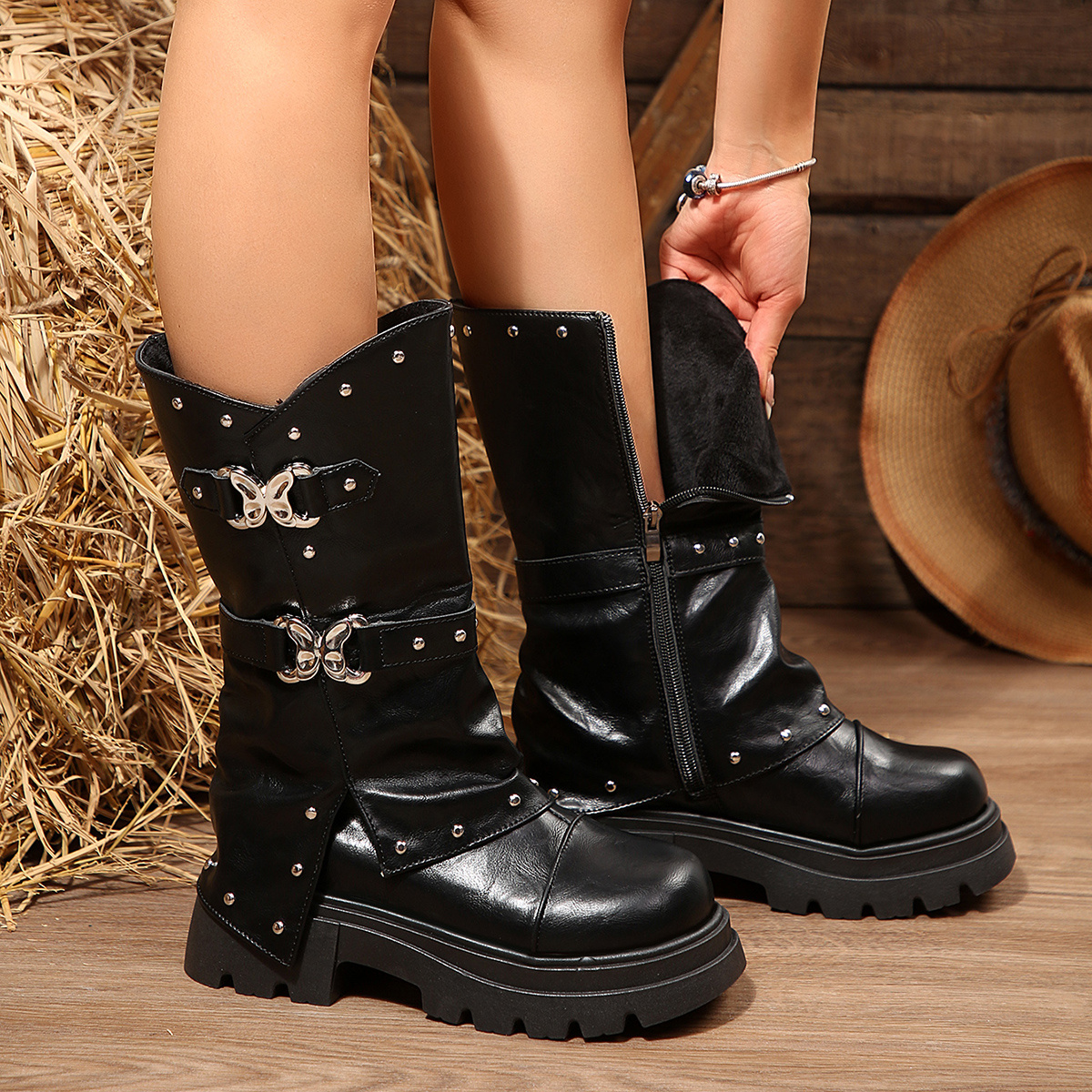 Women's Punk Rivet Decorated Mid-Calf Motorcycle Boots