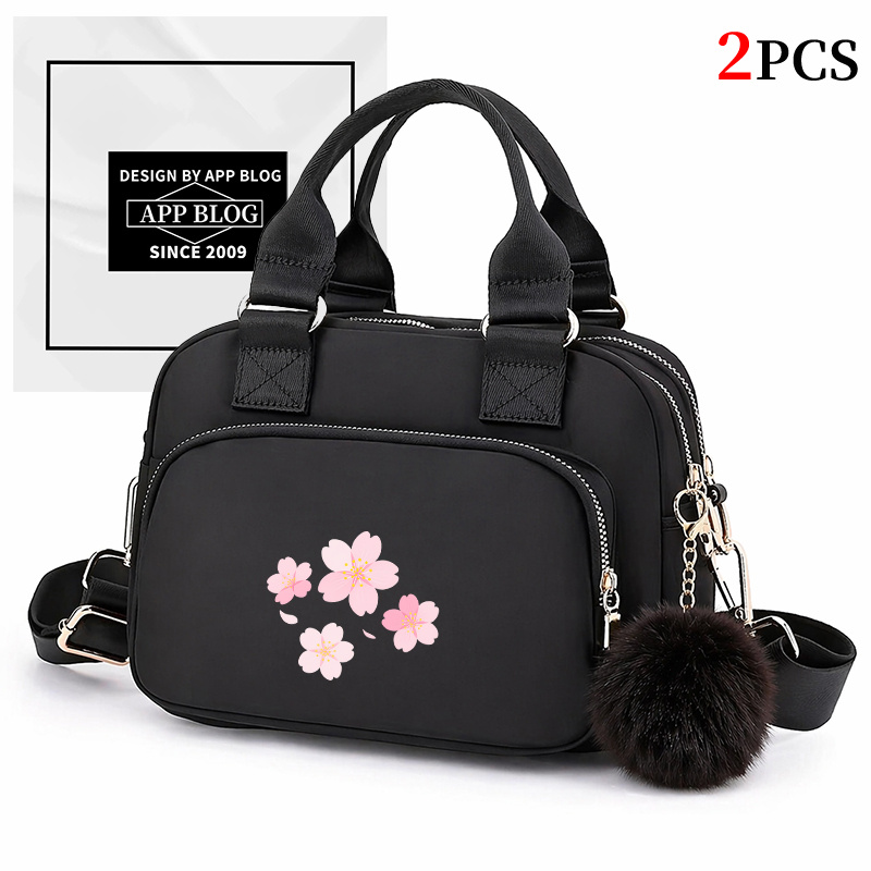 2pcs Blossoms Pattern Versatile Women's Crossbody Bag Shoulder Bag Suitable For Pairing With Cute Plush Little Balls Set. Universal Commuter Bag For Women Nylon Fabric Phone Bag Handbag