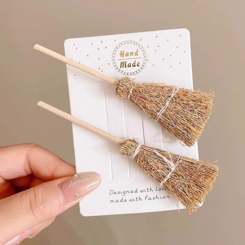 3pcs halloween witch broom hair clips cute wooden side bangs 
