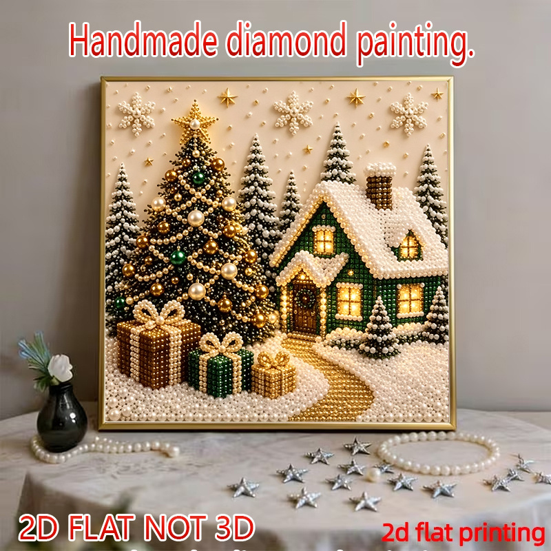TEMU Kit di pittura con diamanti e perle "Casa di natalizia", set completo di materiali con diamanti a punta, stampa piatta ad definizione, strass