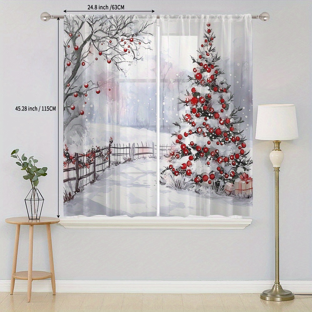TEMU 2 Paquets de Rideaux Semi-Translucides en Polyester pour Noël - Taille Petite, Design Paysage Enneigé Rouge et Blanc avec Arbre , Passants à