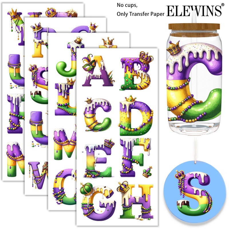 item picture 4pcs   uv dtf cup wraps for 16oz tumblers mardi gras alphabet insulated tumbler wraps permanent scratch transfers for glass mugs   uv dtf transfers for smooth   fits 16oz cups waterproof dishwasher safe