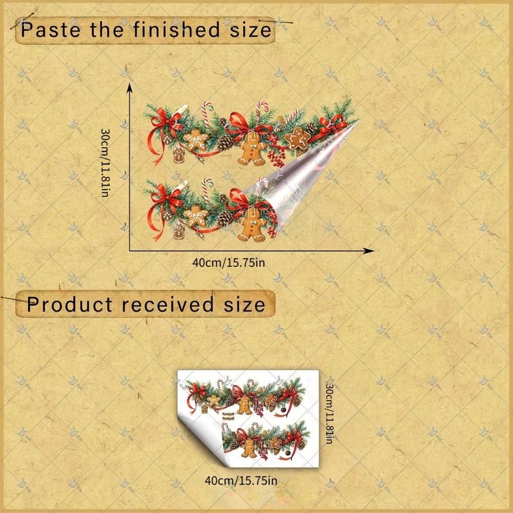 TEMU 2d Flat - 2d Flat Christmas Static Window Cling, Long Garland Design With Pine Branches, Bows, Gingerbread Men, Candy Canes, Pine Cones & Red
