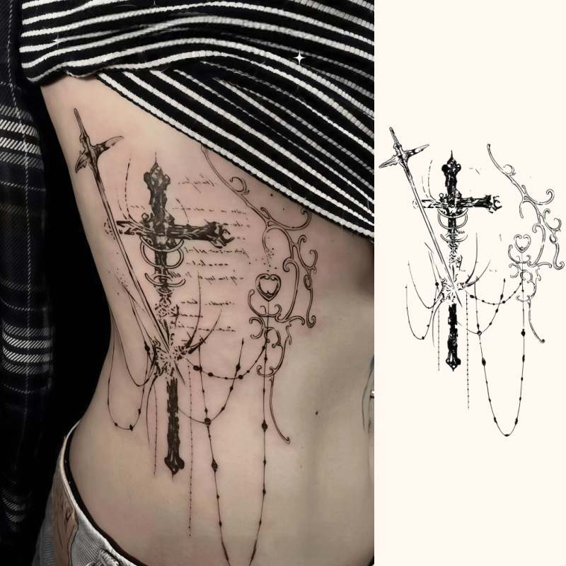 temporary tattoo stickers 6pcs 1pc pack dark gothic cross chain design waterproof herbal juice ink non reflective long lasting 7 14 days paper material   art for men women suitable for   chest back at daily outfit party festival