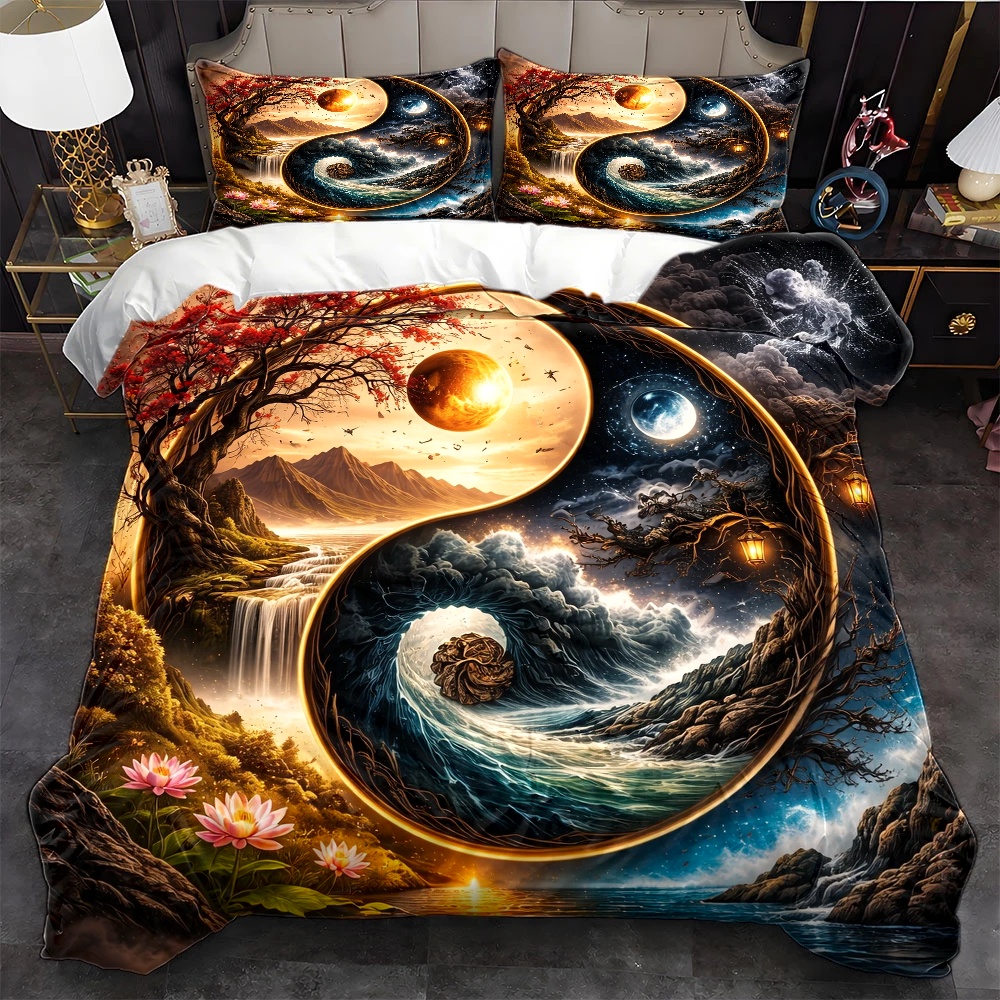 TEMU 3pcs Tai Chi Yin Yang Natural Landscape Duvet Cover Set, Bedding 3pcs Set (1*duvet Cover   2*pillowcases), Suitable For , Machine Washable With