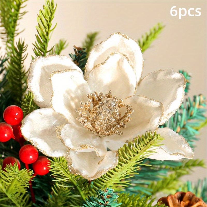 TEMU 6pcs Sparkling Glitter Poinsettia Flowers, Artificial Velvet Magnolia Stems For Christmas Tree, Wedding & Diy Crafts - Perfect For Xmas Tree