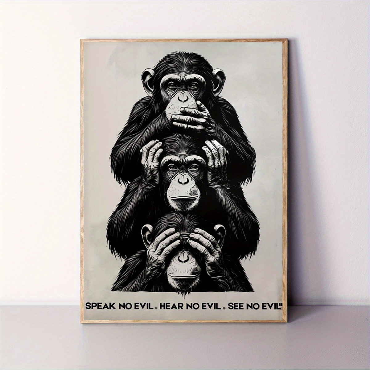 Image of 2d Flat, 2d Flat, [2d Flat] 1pc, 12x16inch, Unframed, Chimpanzee See No Evil, No Evil, Speak No Evil Print, Art, Halloween Poster, 3 Wise Monkeys, Funny Painting Wall Decor, Halloween Christmas Decor