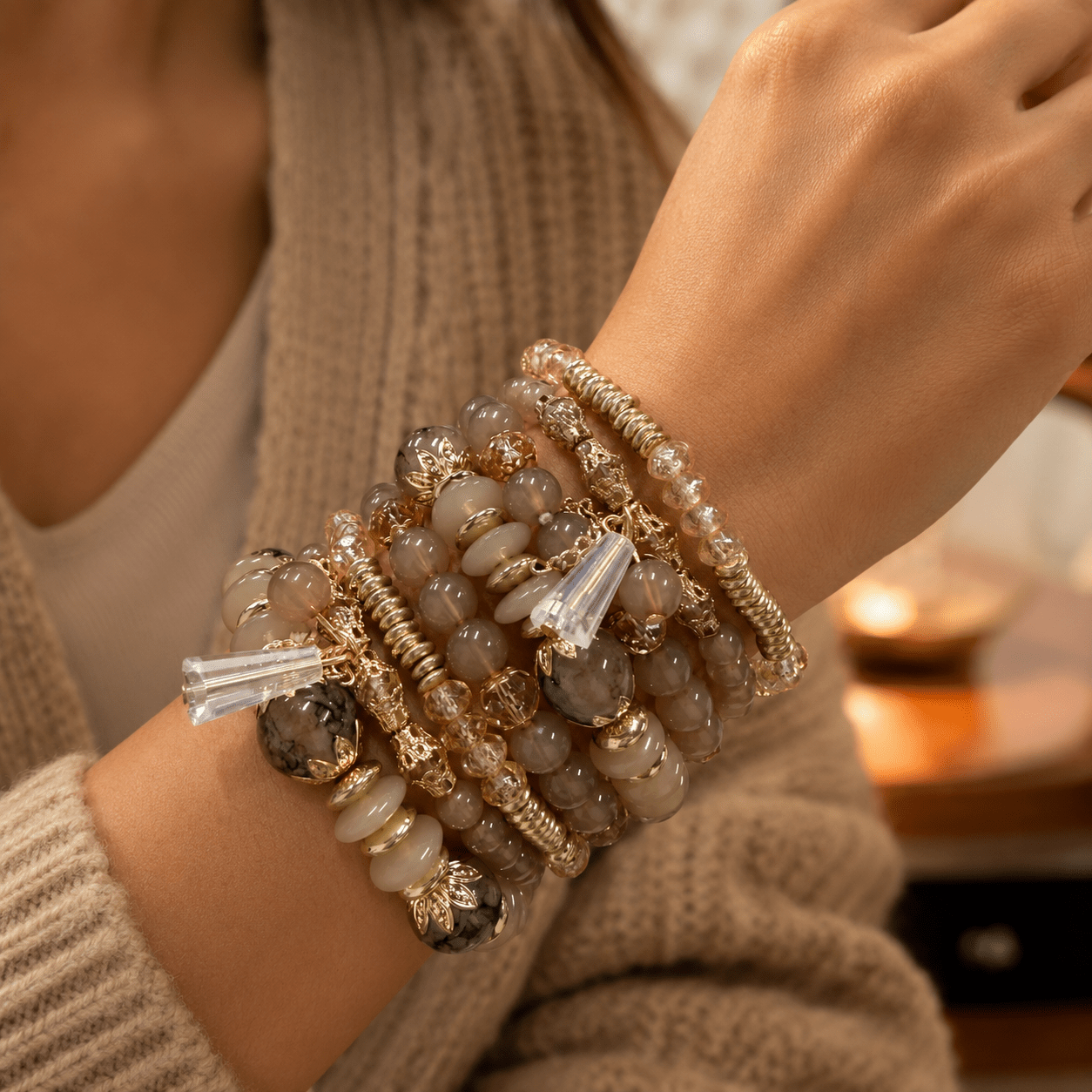 TEMU (random 8pcs Of Multi-colors) Women's Bohemian Style Artificial Crystal Glass Bead Elastic Stackable Bracelet Set, Daily Vacation Party Wear,