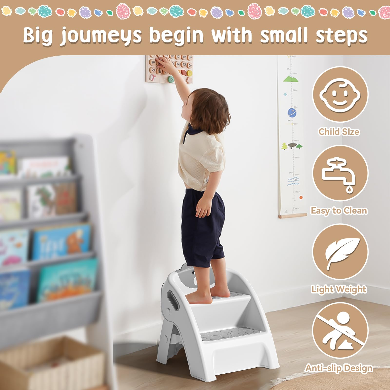 Toddler Step Stool, Foldable 2-Step Kids Stool with Non-Slip Design And Handle, Multipurpose Step Stool for Bathroom Sink, Kitchen, Bedroom, Counter