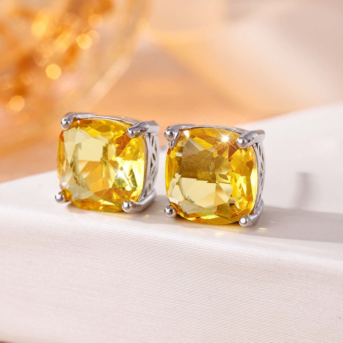 Large Square Colored Gemstone Stud Earrings, Exquisite Design