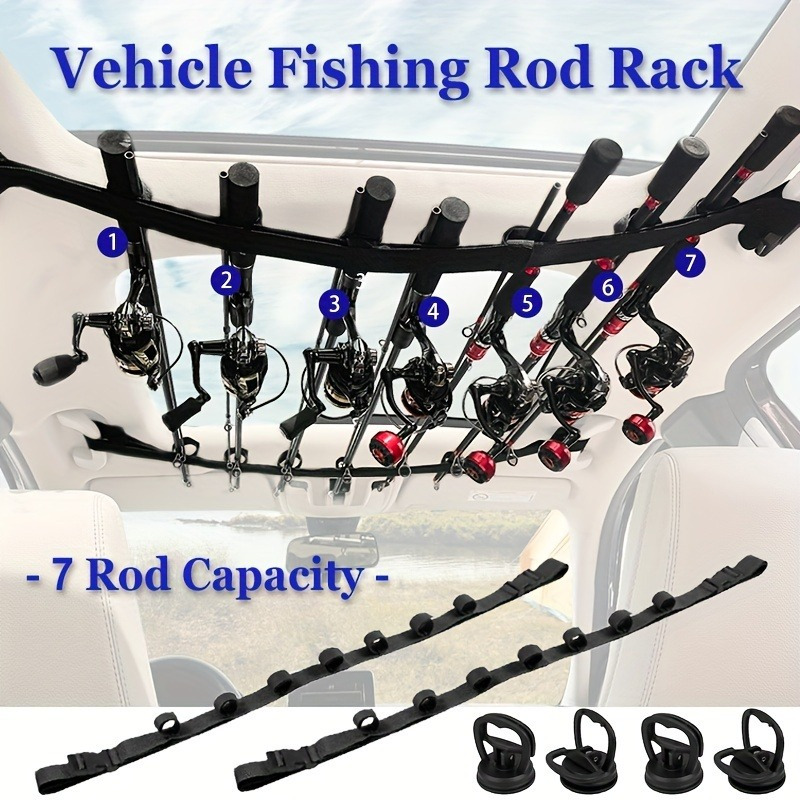 

1pc Black Polyester Vehicle Fishing Rod Rack - 7-slot Ceiling Mount Rod Holder With 4 Suction Cups, Adjustable Space-saving Rod Storage For Suv, Mpv, Wagon, Sedan - Interior Rod Carrier