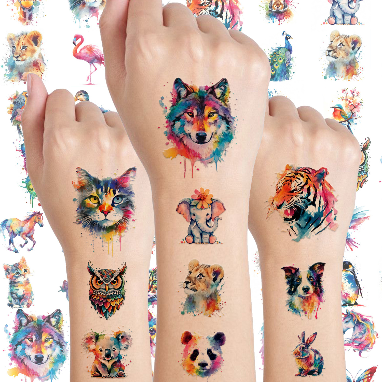 Image of 50+ Designs Realistic Animal Temporary Tattoo Stickers, Waterproof Lion Owl Deer Panda Tattoos For Holiday Birthday Party Halloween Christmas Gifts & Body Art