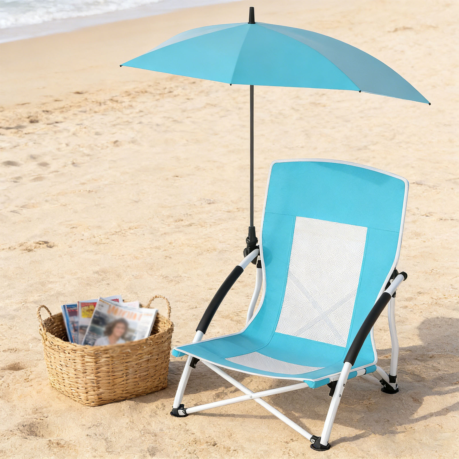 TEMU Lifezeal Portable Folding Camping Chair W/ Adjustable Parasol Clip Backpack Design For Fishing Blue