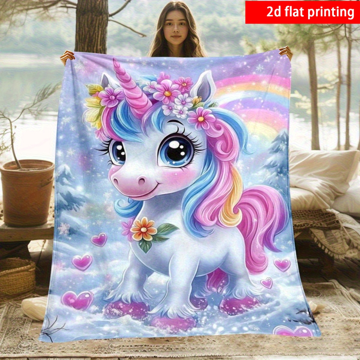 TEMU 2d Flat Printing, 1pc, Colorful Pony Print Flannel Blanket, Soft And Warm For , Single-sided Print, Suitable For Sofas, Camping, Beds, Offices,