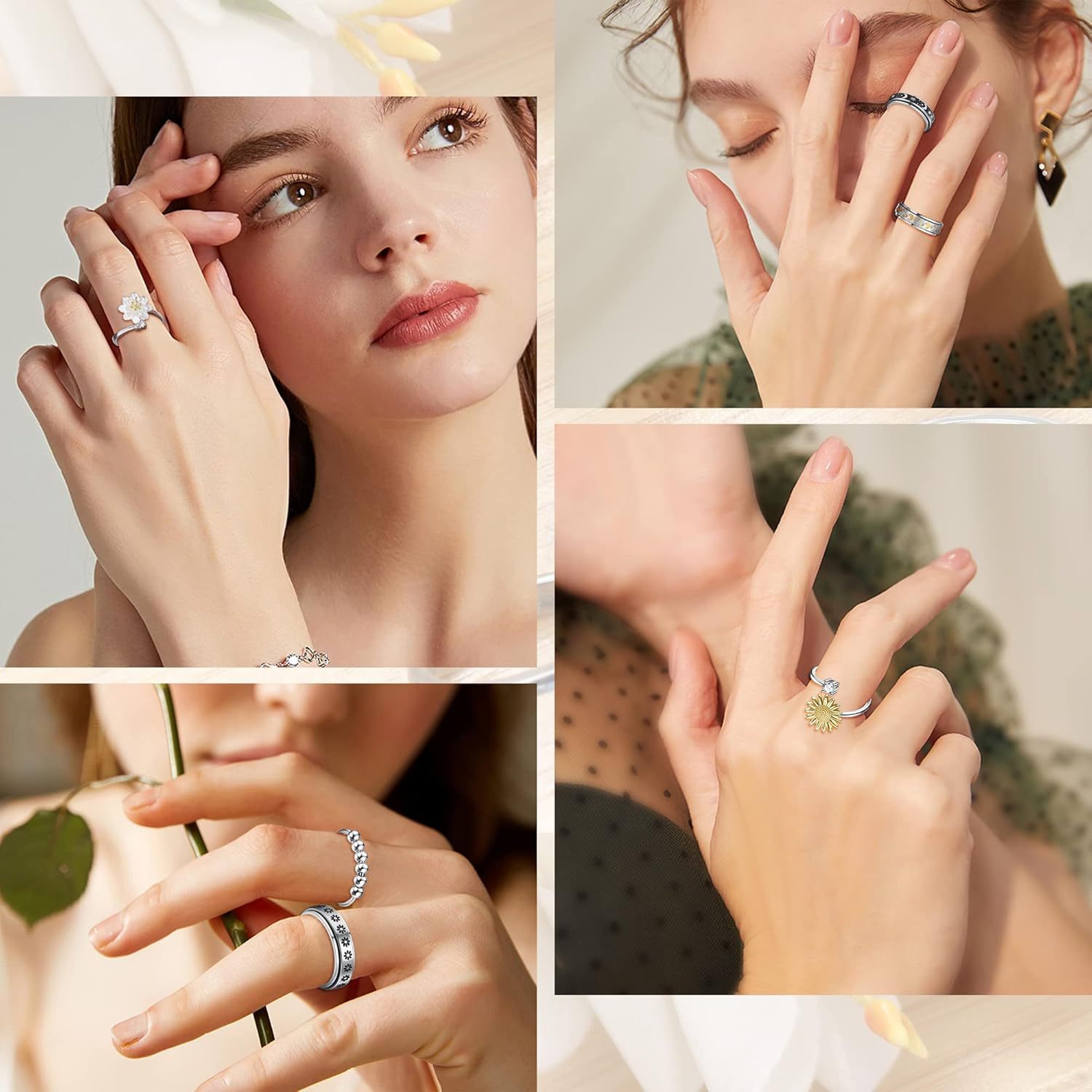 6pcs 316l stainless steel spinner rings fidget rings for anxiety for men anti anxiety ring with beads sunflower moon star stress relieving rings set for teenager Product details 0