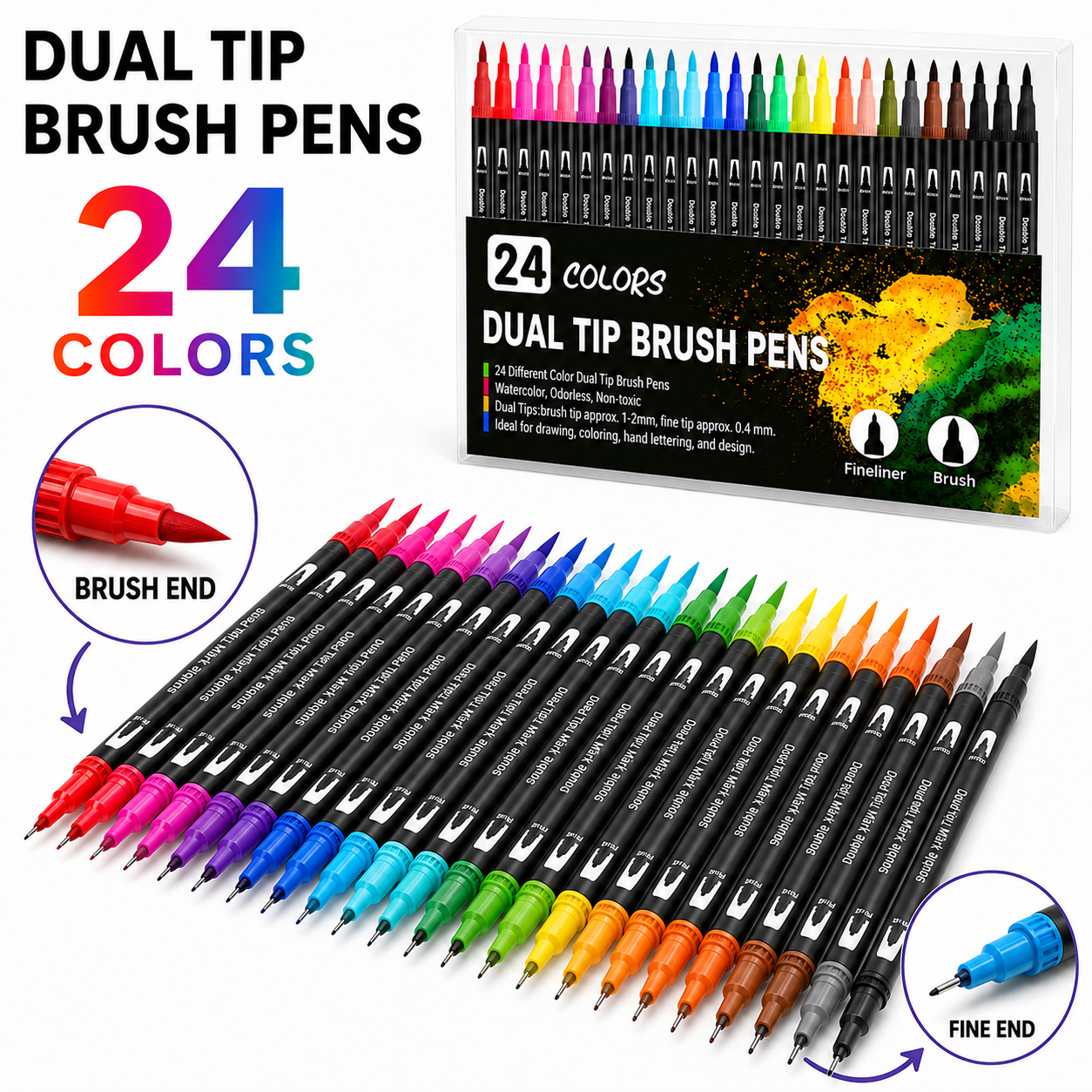TEMU Paquete de 24 rotuladores de punta para colorear y dibujar, colores y intensos, sin manchas, ideales para diarios, manualidades, ilustración,