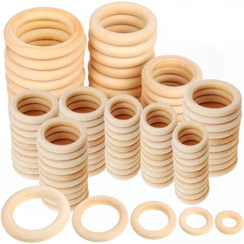 Image of 100pcs Of Wooden Rings In 5 Different Sizes, Smooth And Unfinished, Perfect For Macrame, Crafting, Jewelry Pendants, And Connectors