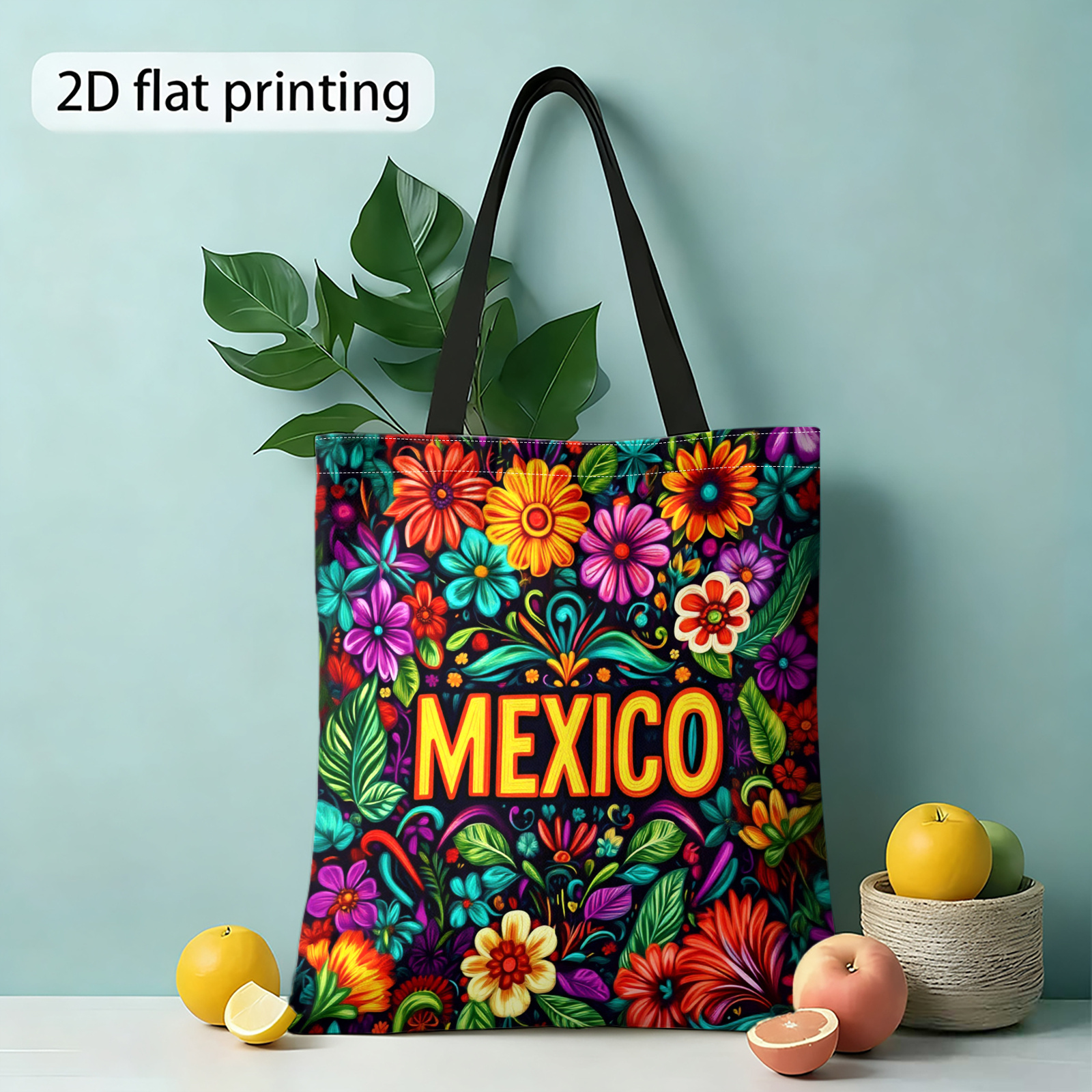 TEMU Sac imprimé 2D, Mexique, fleurs colorées, sac de courses et sac à bandoulière pour femme, convient pour les voyages quotidiens, parfait pour