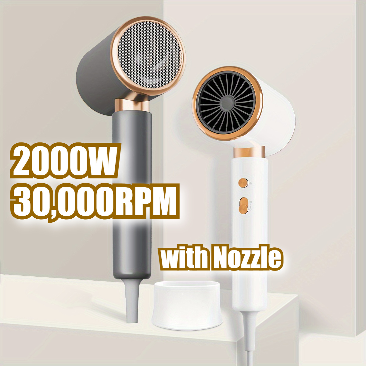 

2000w Hair Dryer With - Portable, Temperature, 3 & Nozzle - Ideal For Travel, White/grey