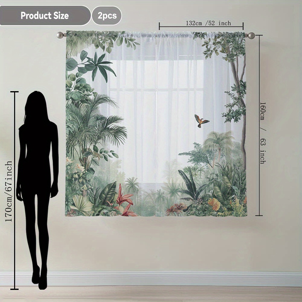 TEMU 2 piezas de Cortinas Transparentes con Estampado de Aves y Vegetación Tropical para Decoración del Hogar, Elegantes Cortinajes Translúcidos con