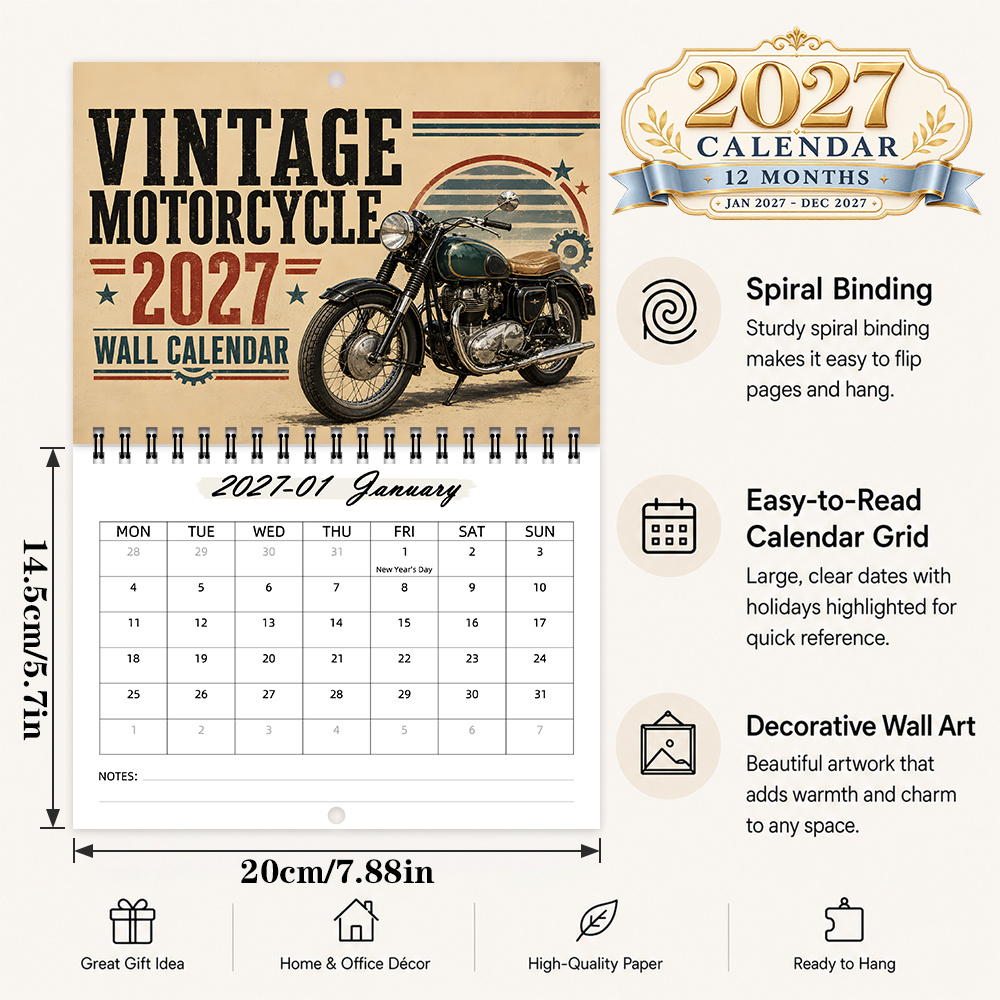 TEMU 1pc , Retro Bike Style, 12-month 2027 Planning Calendar, Double Spiral Hanging Calendar, Motorcycle Graphic, Office Decor, Birthday Gift & New