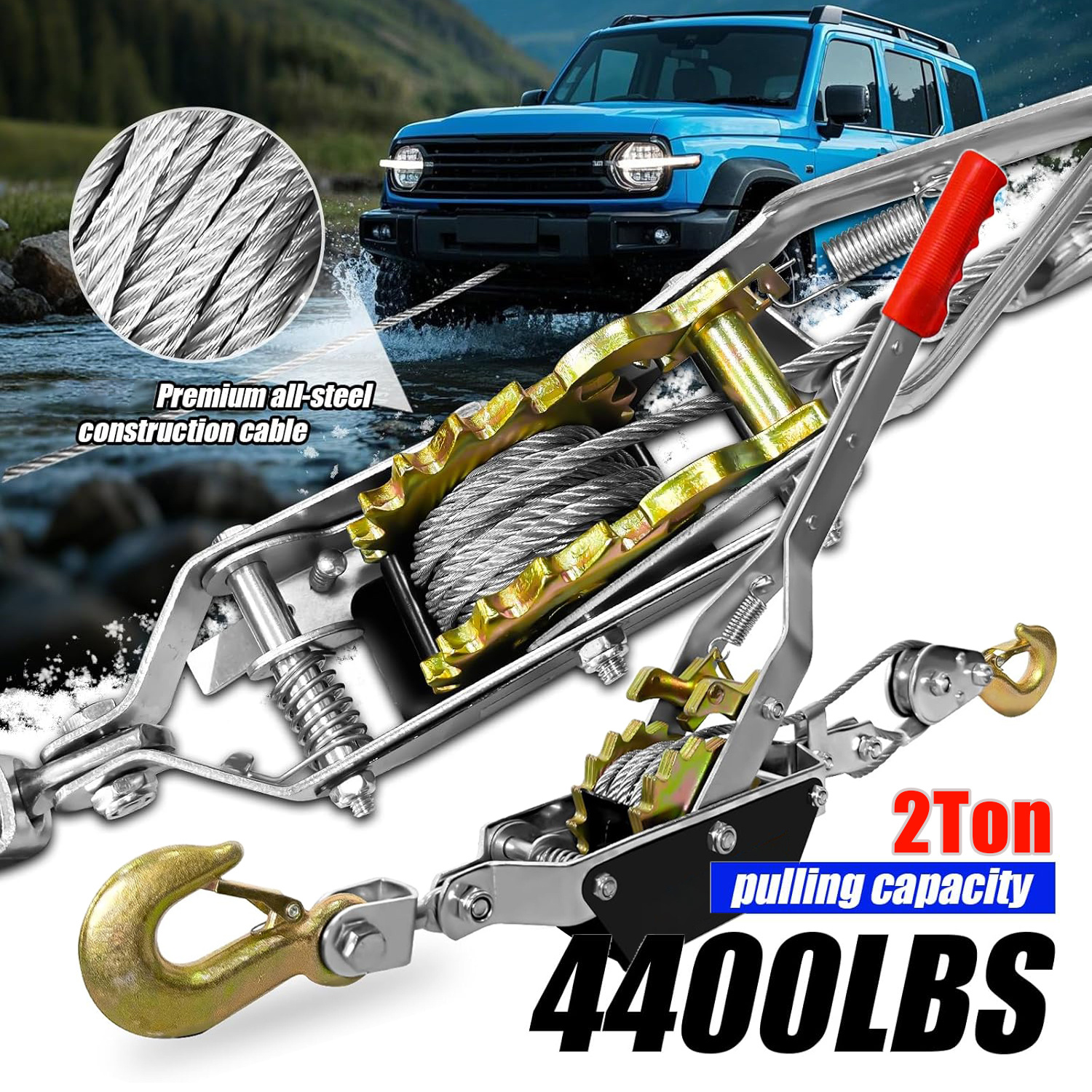 Come Along Puller, 2.01-ton (4401 Lbs) Pulling Capacity, , Heavy Duty Power Cable Come Along Tool With Dual Gears, Hand Winch Cable, Automotive Hoist Winch Puller, Recovery Gear