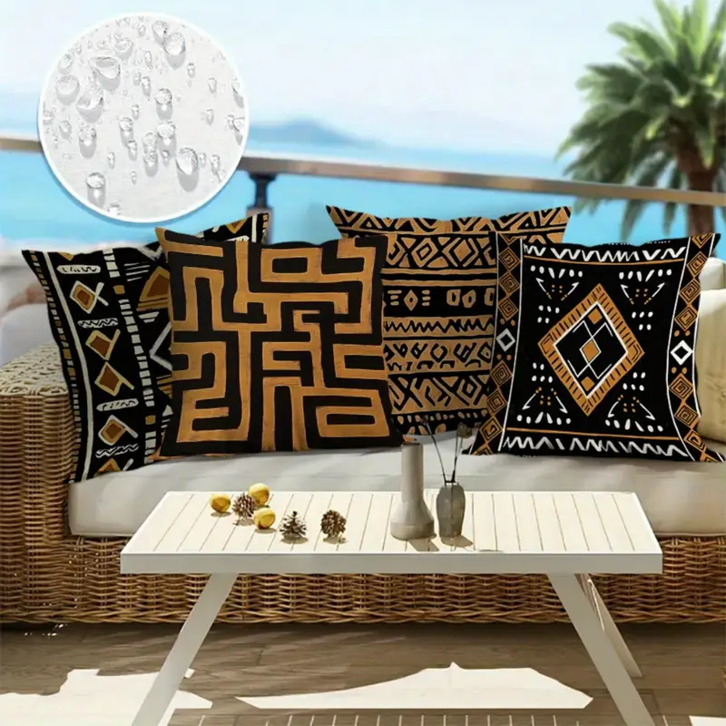 4pcs african tribal print decorative pillow covers double sided polyester with zipper closure machine washable indoor outdoor sofa bed couch pillowcases black golden geometric patterns no insert couch pillow covers Product details 1