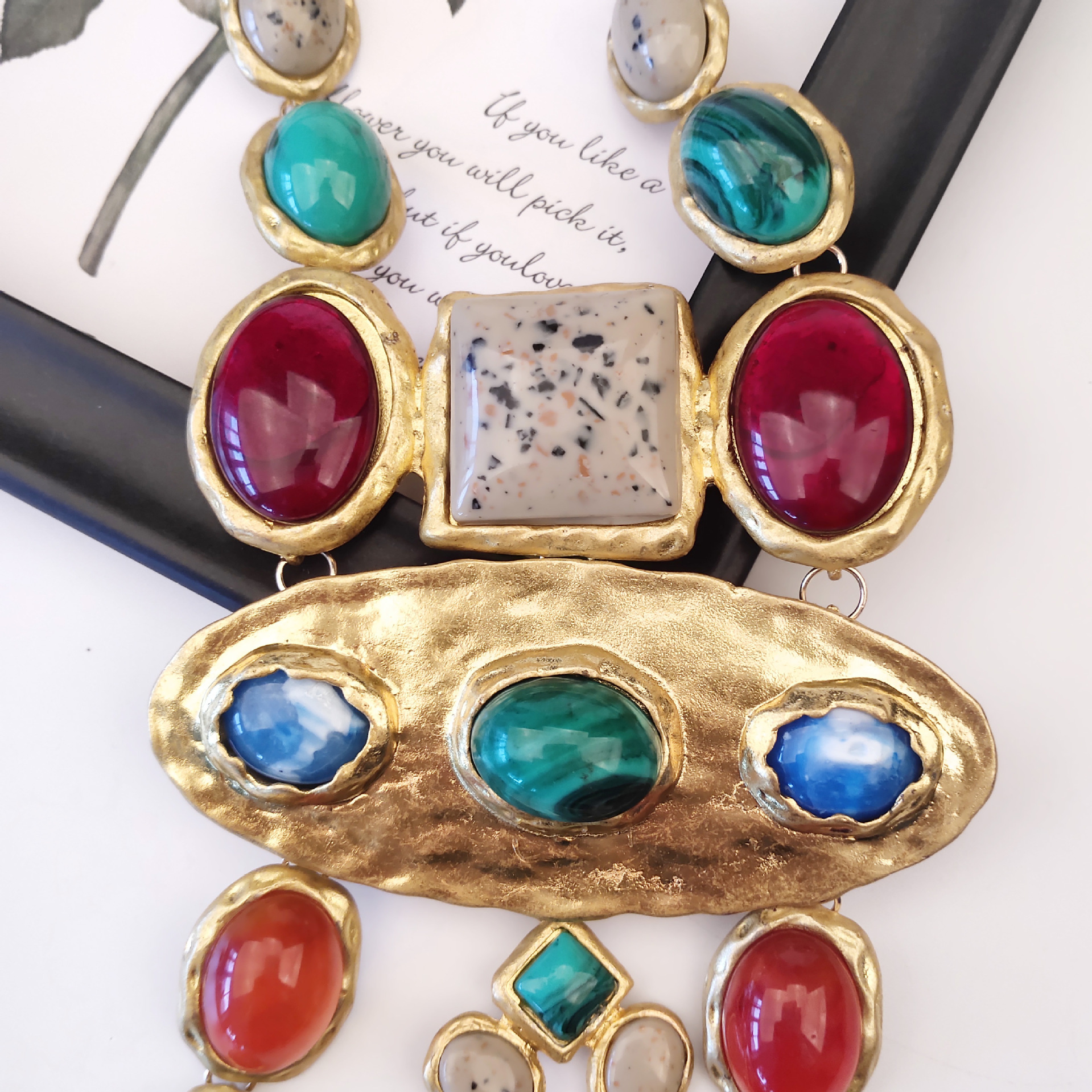 Vintage Geometric Necklace with Crystals, Golden Plated