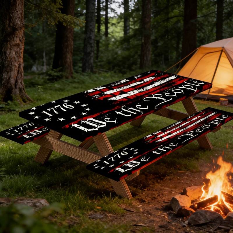TEMU 3pcs Set (1 Tablecloth + 2 Stool Covers), Picnic Table Cover With Bench Cover And Elastic Edges, Decorated With A Patriotic American Pattern,