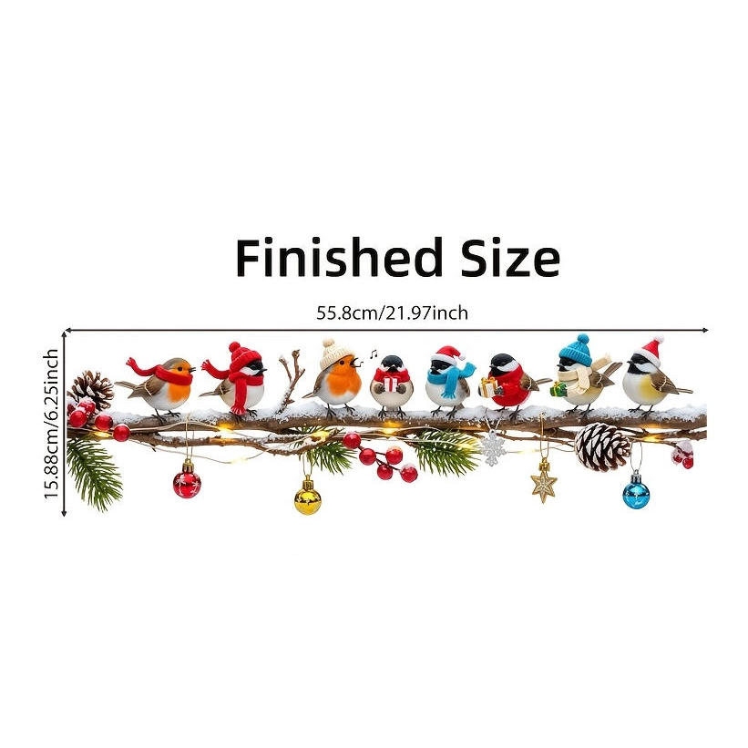 TEMU 1 autocollant de fenêtre de Noël, oiseaux mignons sur des branches avec des décorations de Noël, décalcomanie de porte en verre avec scène de