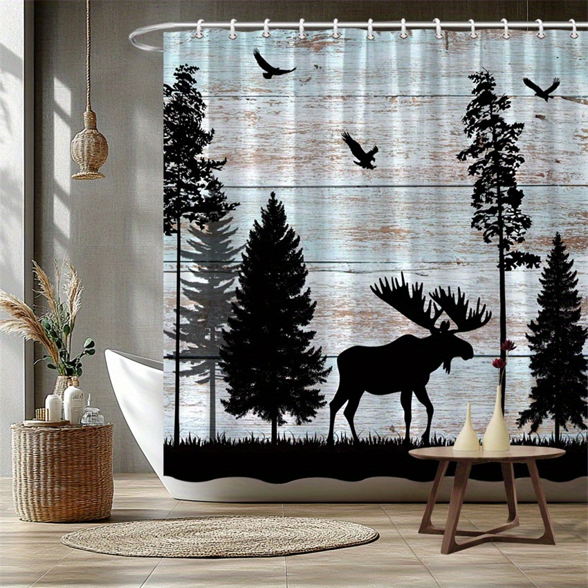 TEMU 1pc Rideau de douche silhouette de moufflon - Design minimaliste de forêt avec des pins hauts et des oiseaux en vol, texture de bois vieilli