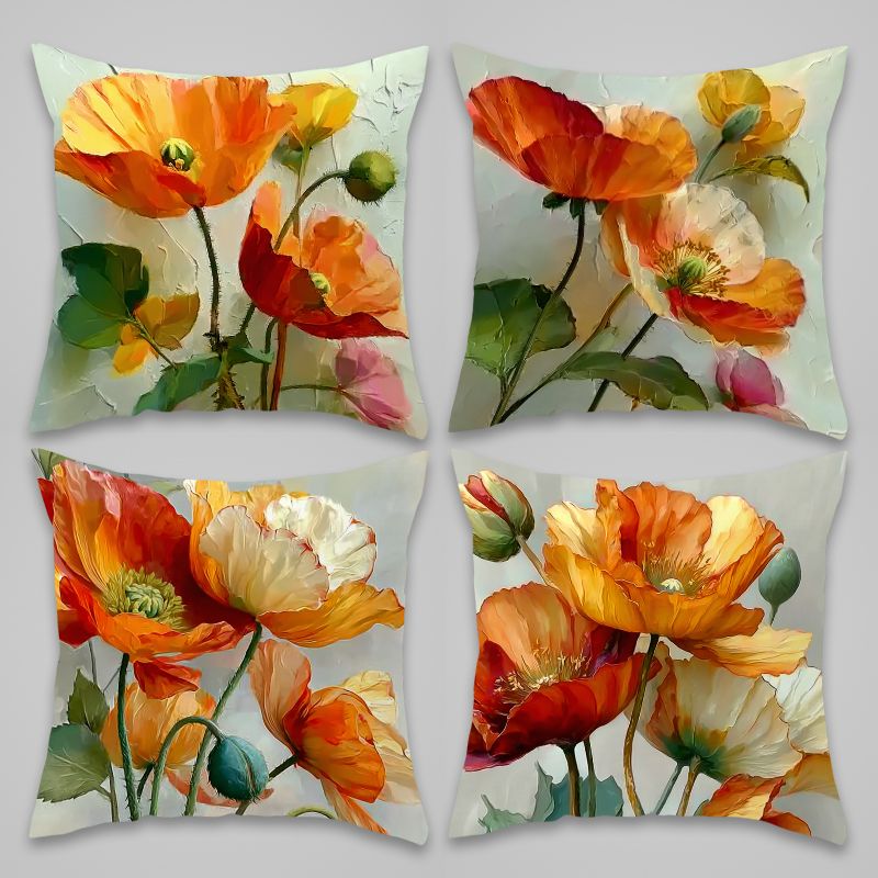 TEMU Set Of 4 Artistic Warm- Contrasting Pillow Covers Featuring Poppy Elements, Designed With A Cozy Artistic Feel, Square Fashionable Decorative