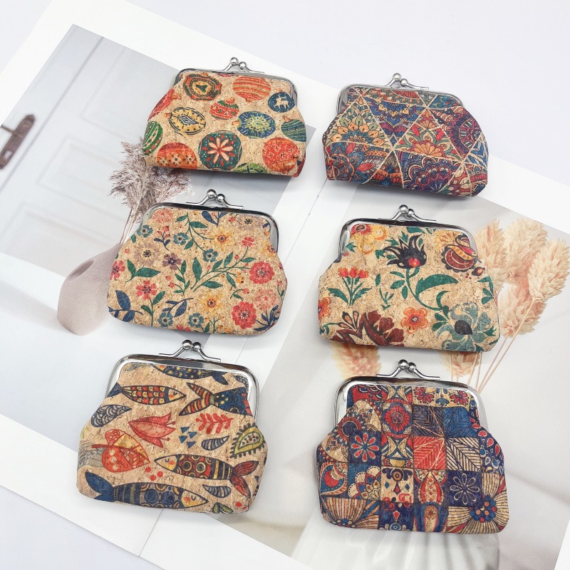 TEMU Lot de 6 porte-monnaies vintage en liège, pochettes ethniques transfrontalières en liège, porte-monnaies polyvalents à trombone , porte-monnaies
