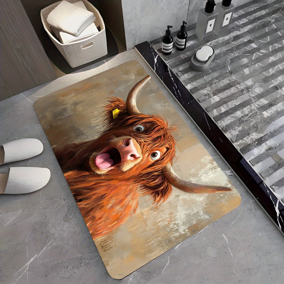 1pc ultra absorbent diatomaceous earth bath mat featuring   quirky highland cow design non slip quick drying carpet suitable for bathrooms kitchens living rooms cafes bars gardens an essential for personal care and an ideal gift 0