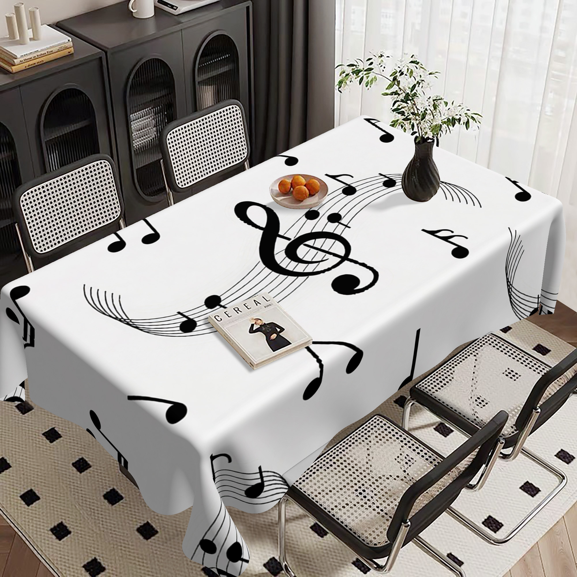 TEMU 1pc Rectangular Tablecloth, Modern Minimalist Home Decor White Tablecloth, Elements Print Pattern, Includes Large Treble Clef And Notes With