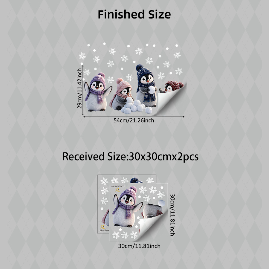 TEMU 2pcs/set Christmas Cute Penguins Static Cling Window Sticker, 4 Penguins With Knit Hats Playing Snowball Snowflake Pattern, Reusable Xmas Window