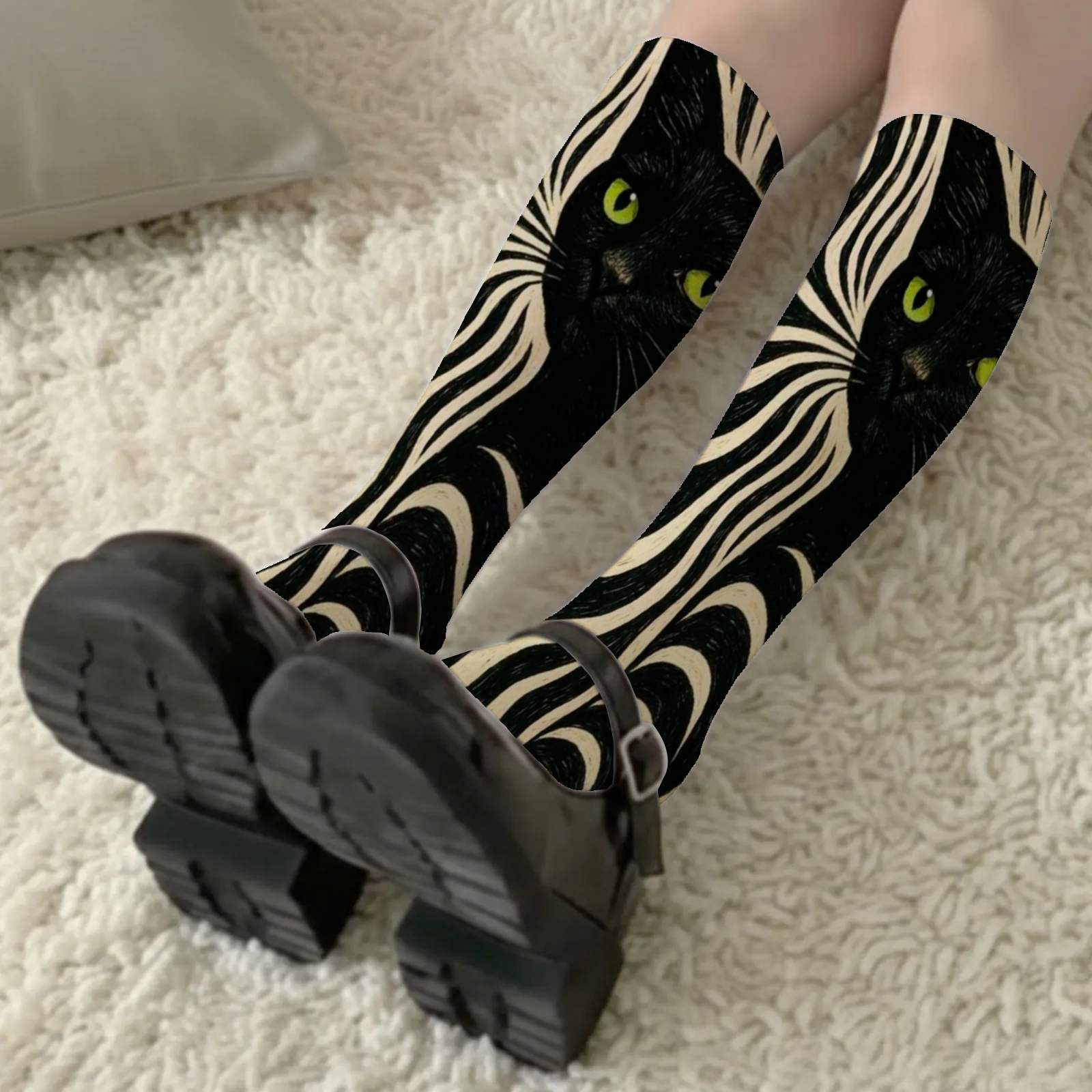TEMU 1 Pair Of Dark-style Black Cat Print Thigh-high Socks, Featuring A Unique And Niche Design