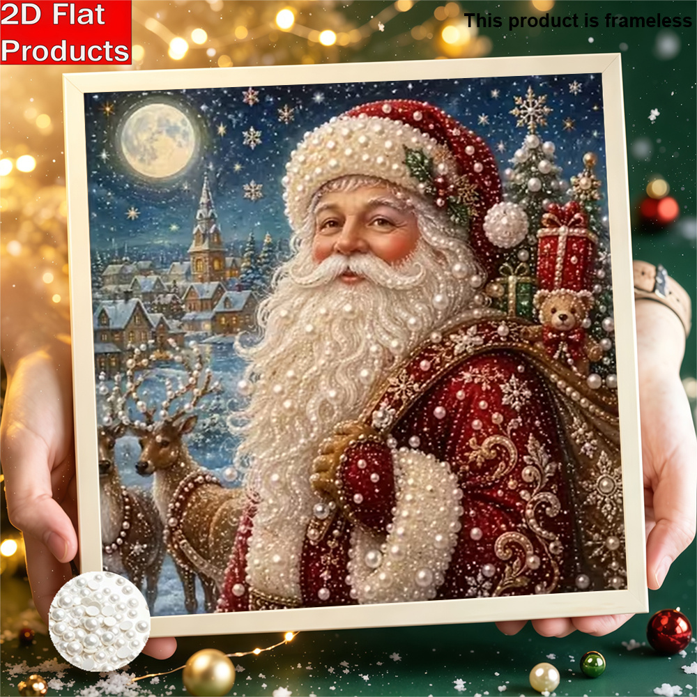 TEMU New Diy Frameless Pearl Painting Kit Featuring A Pearlescent Santa Claus And Reindeer In A Snowy Christmas Town Design. This Creative Diamond