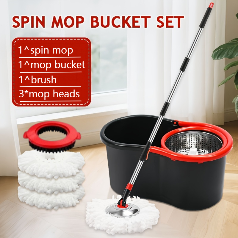 TEMU Set de seau à serpillière rotatif à double entraînement, comprenant 3 têtes de rechange en microfibre, 1 brosse et un manche en acier inoxydable