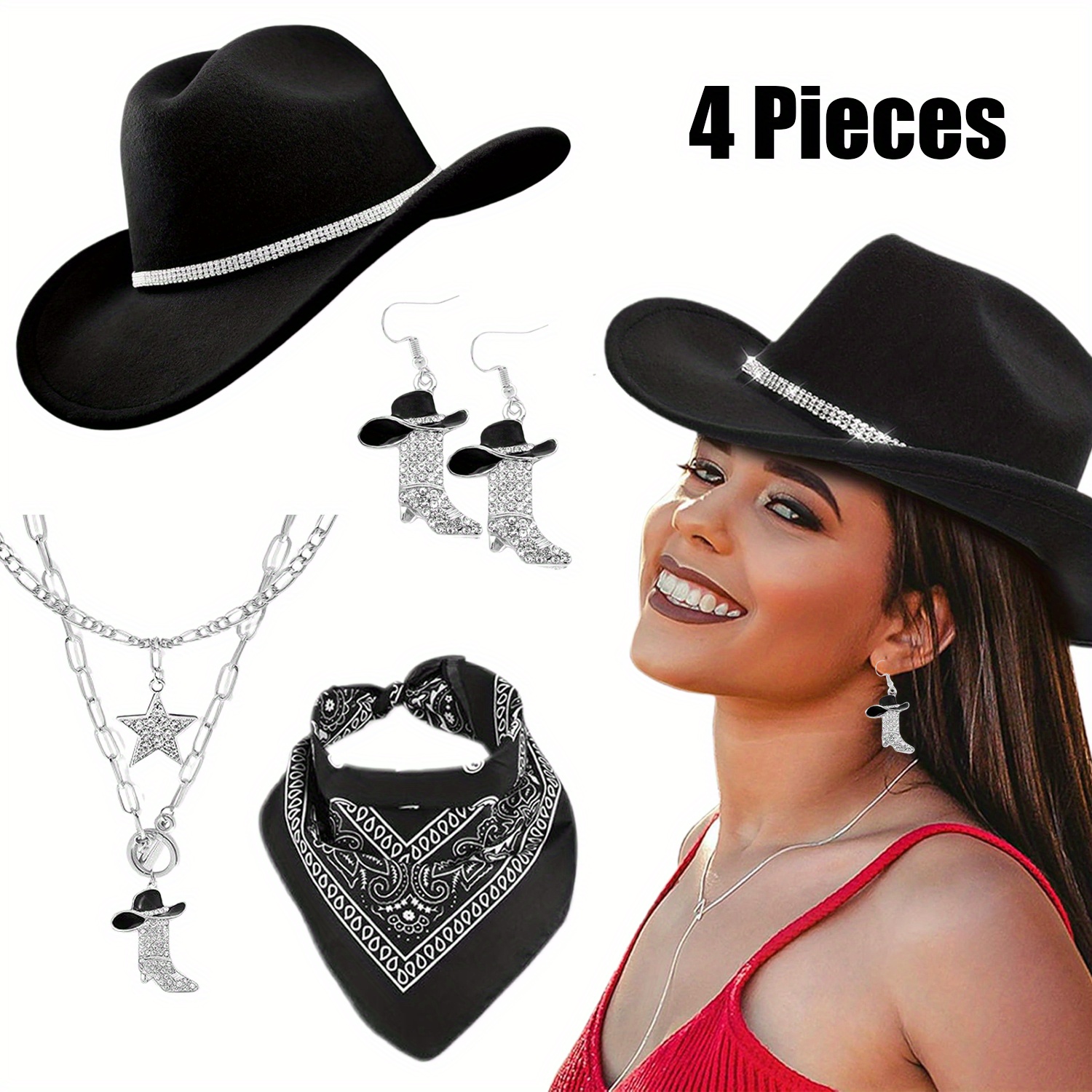TEMU Set Of 4pcs For Women Featuring A Western Cowgirl Costume, Including A Cowboy Hat, Earrings With Cowgirl Boots, A Bandana, And A Pendant