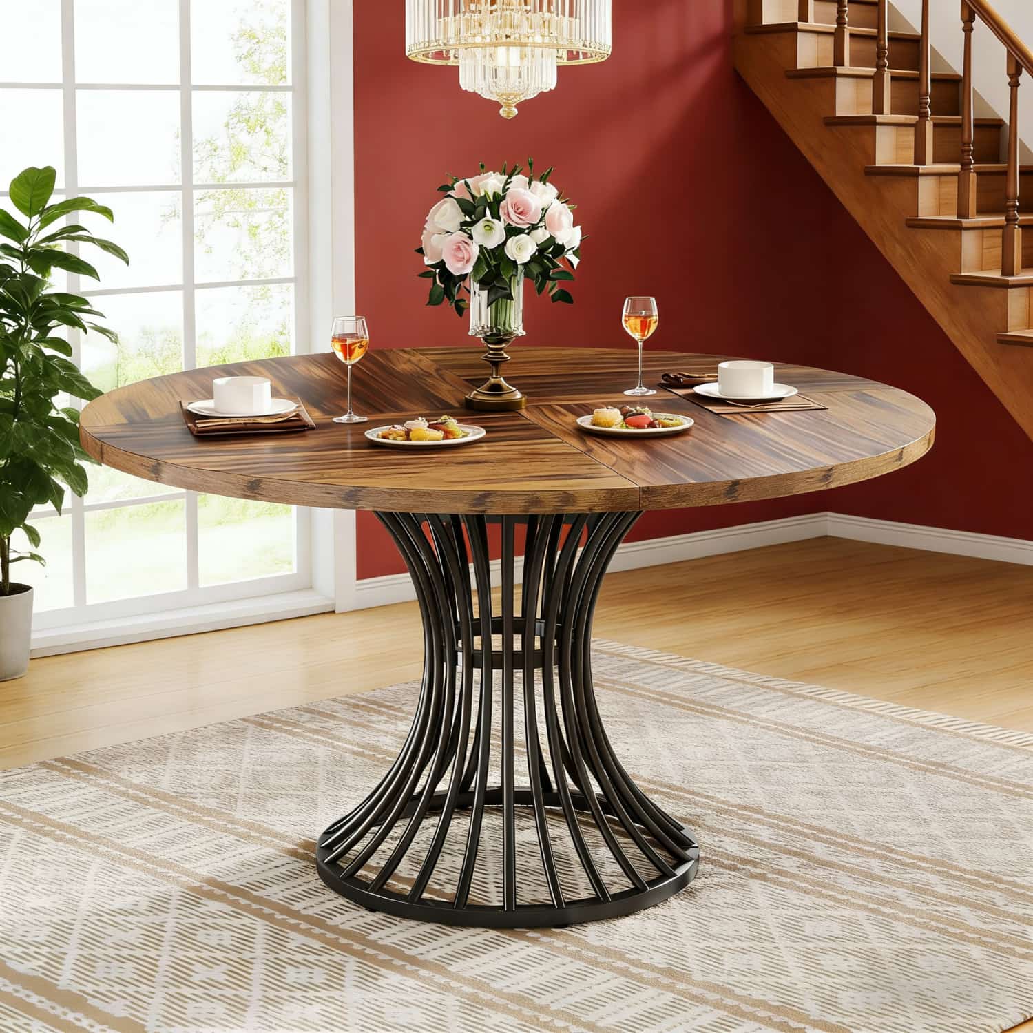 Farmhouse Round Dining Table, 4 To 6 Person Circle Kitchen Table With Metal Frame, 75cm Tall Modern Dinner Table For Home Kitchen And Dining Room, Rustic Brown