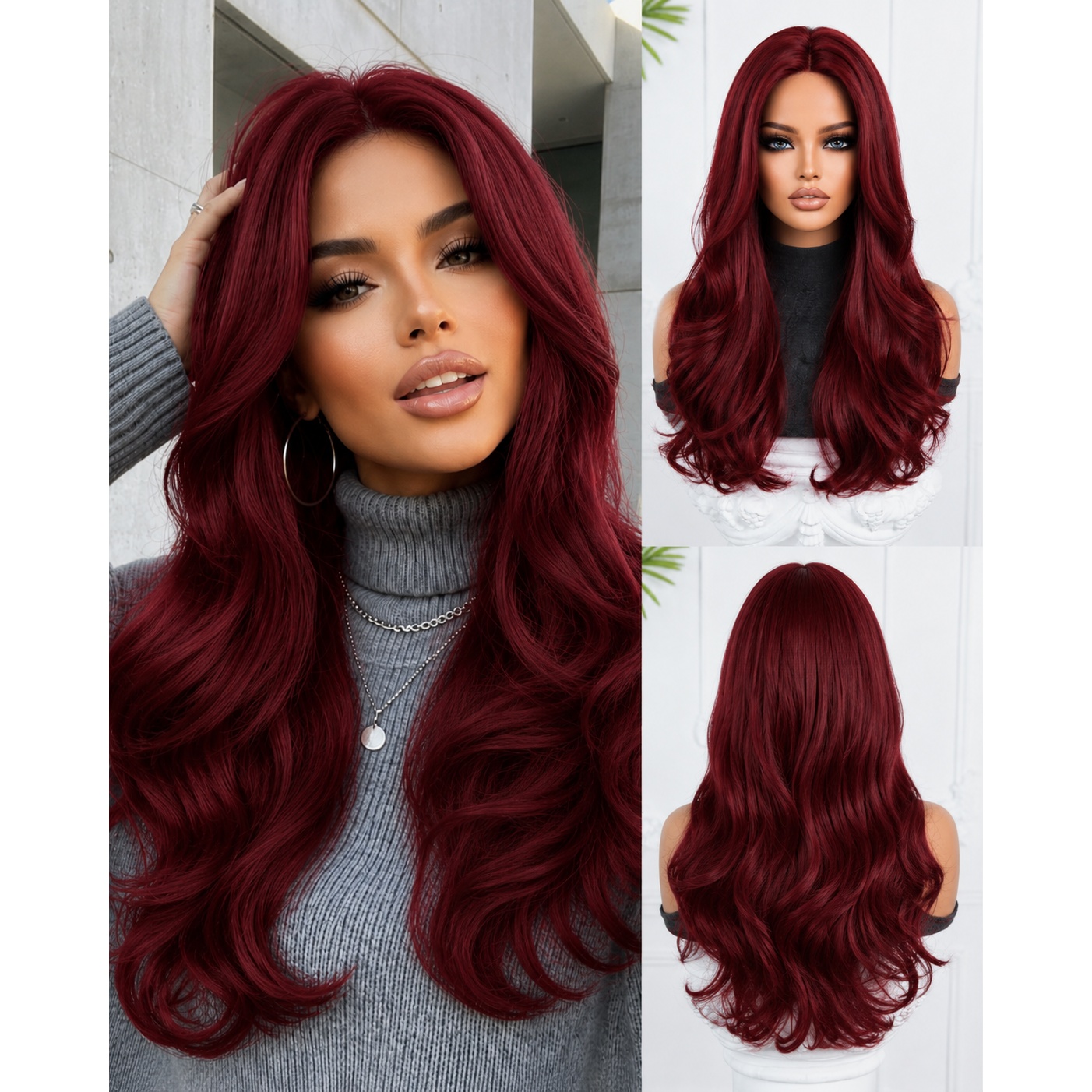 TEMU Wine Red 20-inch Long Curly Wig For Women With Bangs, Elegant And Stylish. Made Of Heat-resistant Synthetic Fiber, Perfect For Daily Wear And